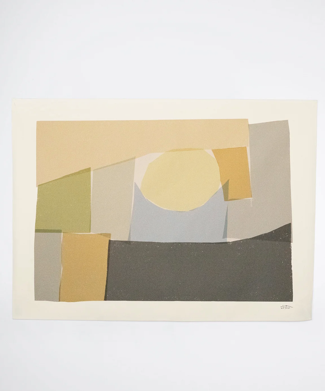 A subtle abstract piece with earthy toned shapes.