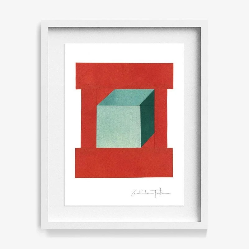 Framed artwork featuring a green-blue cube centered within a geometric red border on a white background.