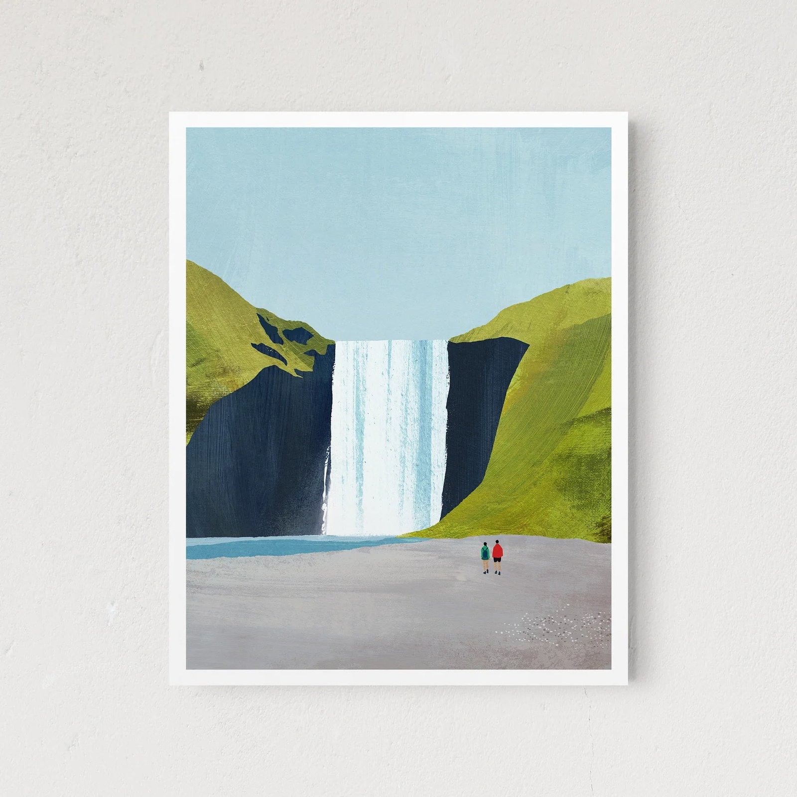 Illustration of two small figures standing near a large waterfall surrounded by green hills under a clear blue sky, with water flowing into a calm pool.