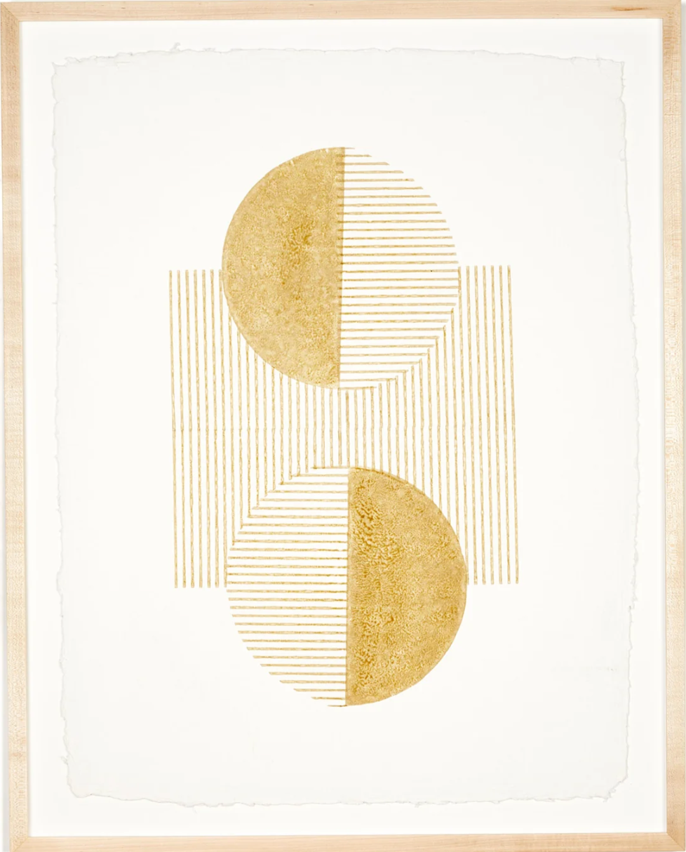 A block print of circles, lines, and a square.