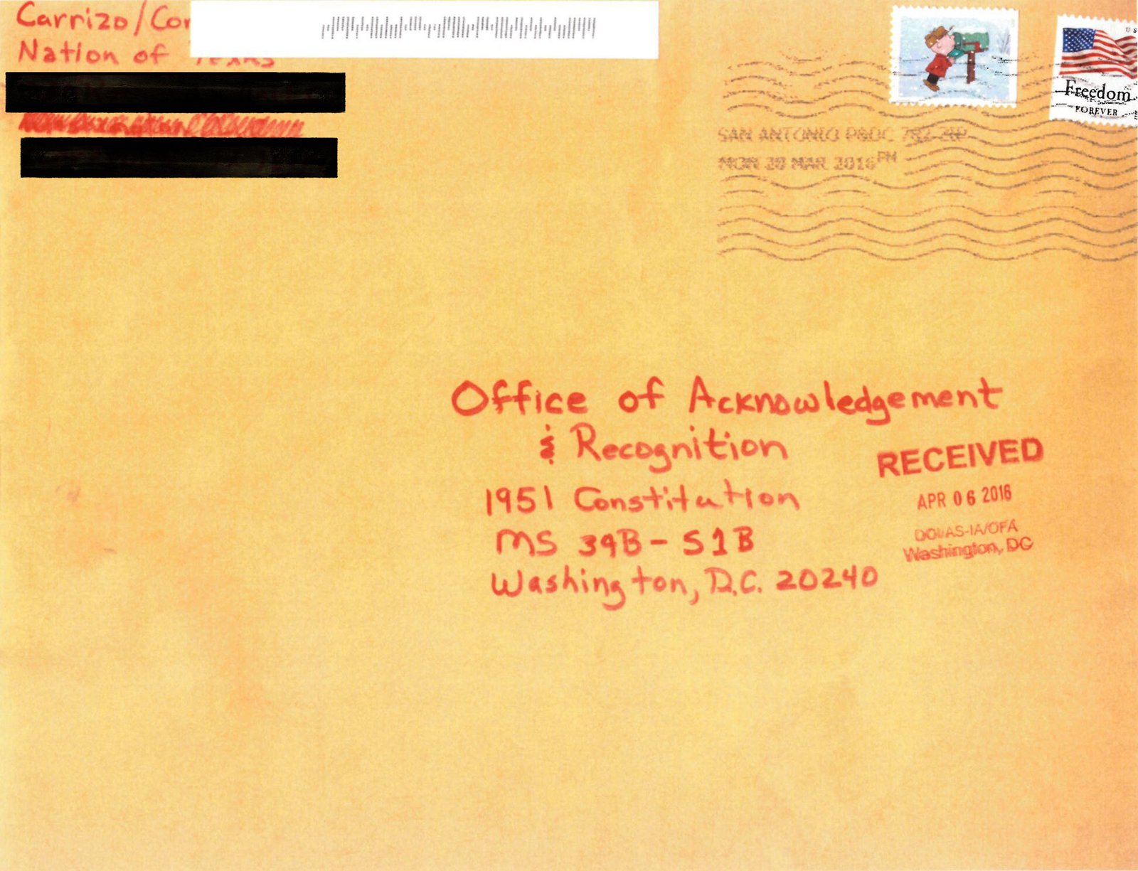 A color scanned copy of a manila envelope addressed to a Washington DC office of recognition with stamps on it and a redacted return address