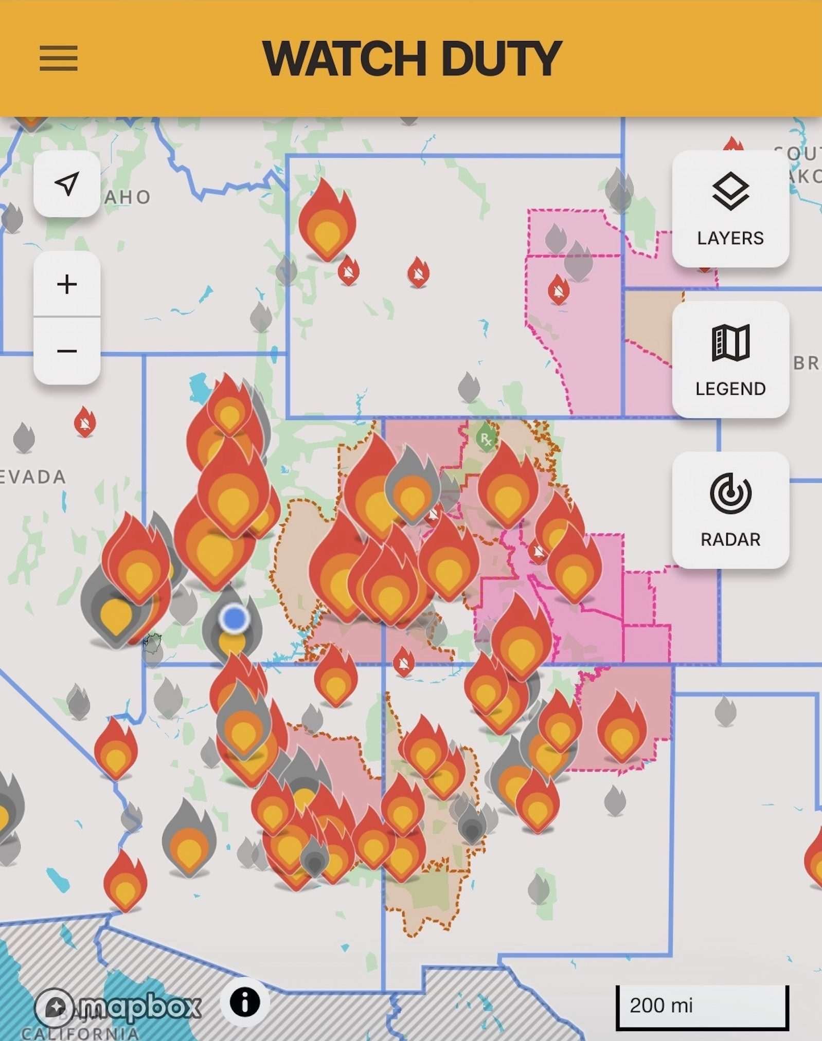a screenshot of the app watch duty with fires showing around Utah