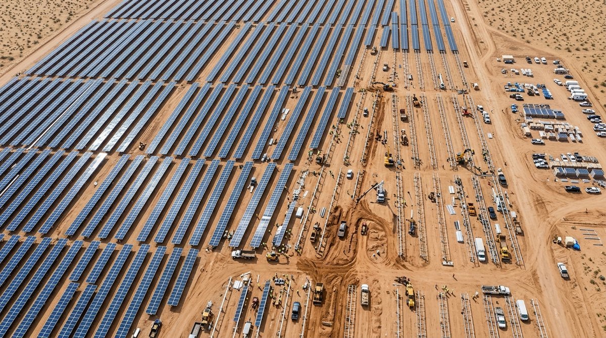 Aerial view of a massive solar farm under construction with hundreds of workers, representing 700 gigawatts installed in a si