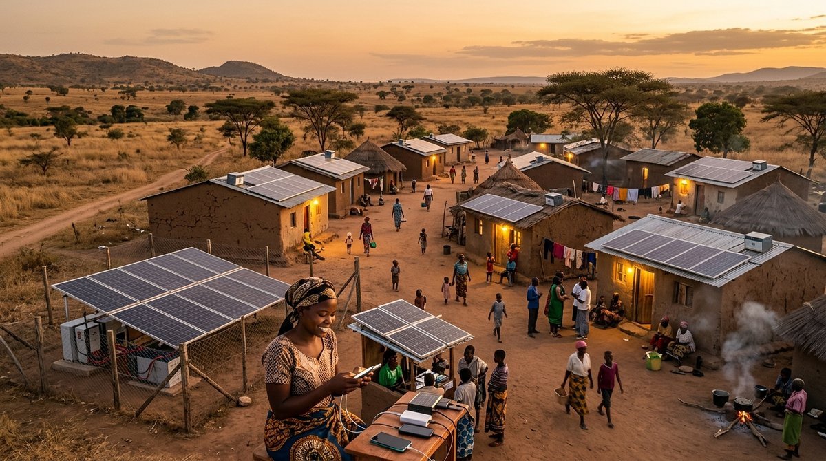 African village at dusk with rooftop solar panels and a community microgrid powering homes, showing solar adoption driven by