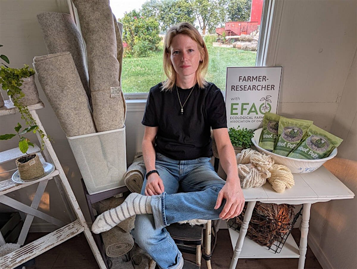 Lindsey Weber, sheep producer and entrepreneur, sits with wool pellets and wool insulation samples. Photo: contributed
