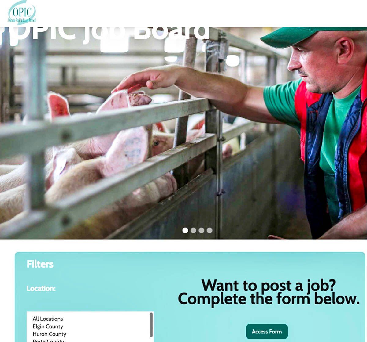 Screenshot of the Ontario Pork Industry Council job board showing location filters. Photo: screengrab