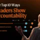 Part of a dot chart showing the leadership qualities linked to high company performance alongside an image of the back of a woman with her hand up.