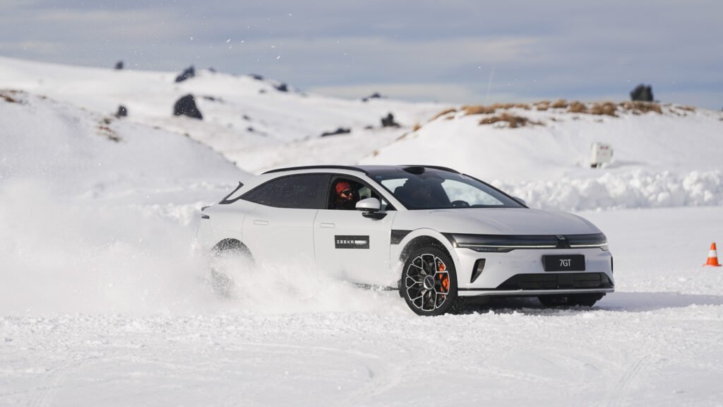 Zeekr 7GT driving on snow and ice in New Zealand.