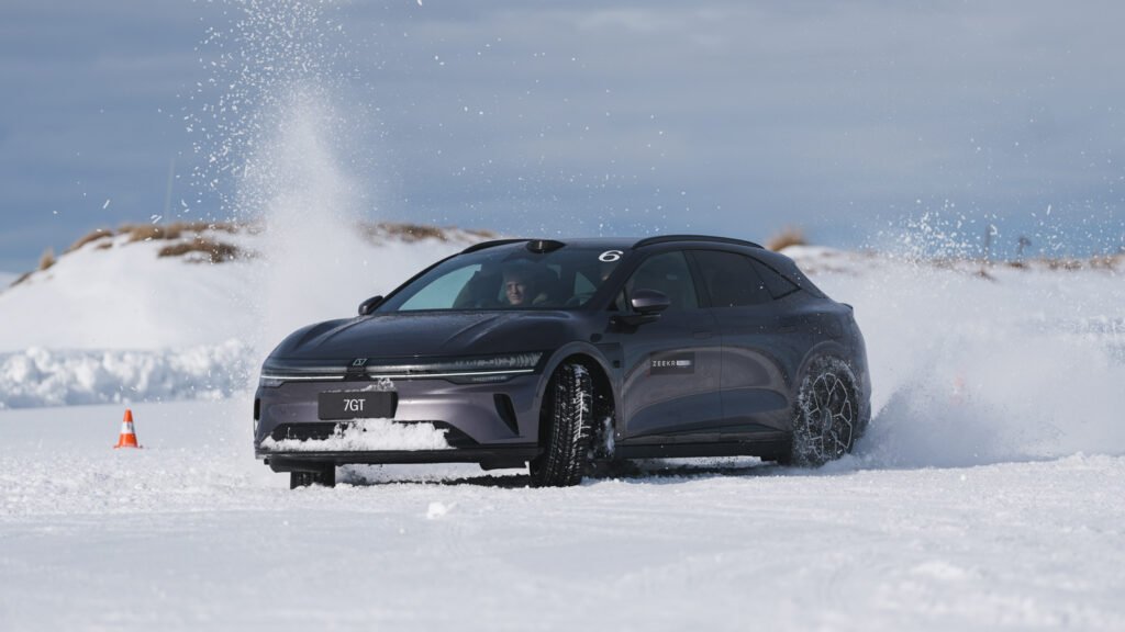 Zeekr 7GT driving on snow and ice in New Zealand.
