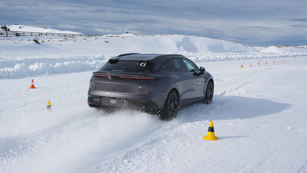 Zeekr 7GT driving on snow and ice in New Zealand.