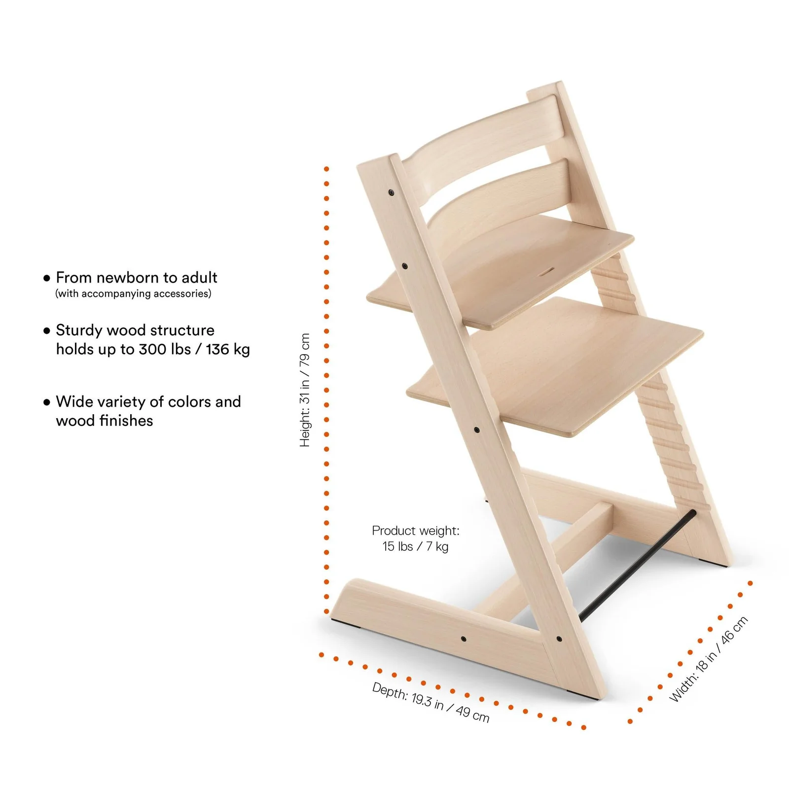 Light wood adjustable chair with footrest, shown at an angle. Features listed include suitability from newborn to adult, 300 lbs weight limit, and various colors. Dimensions and weight are labeled.