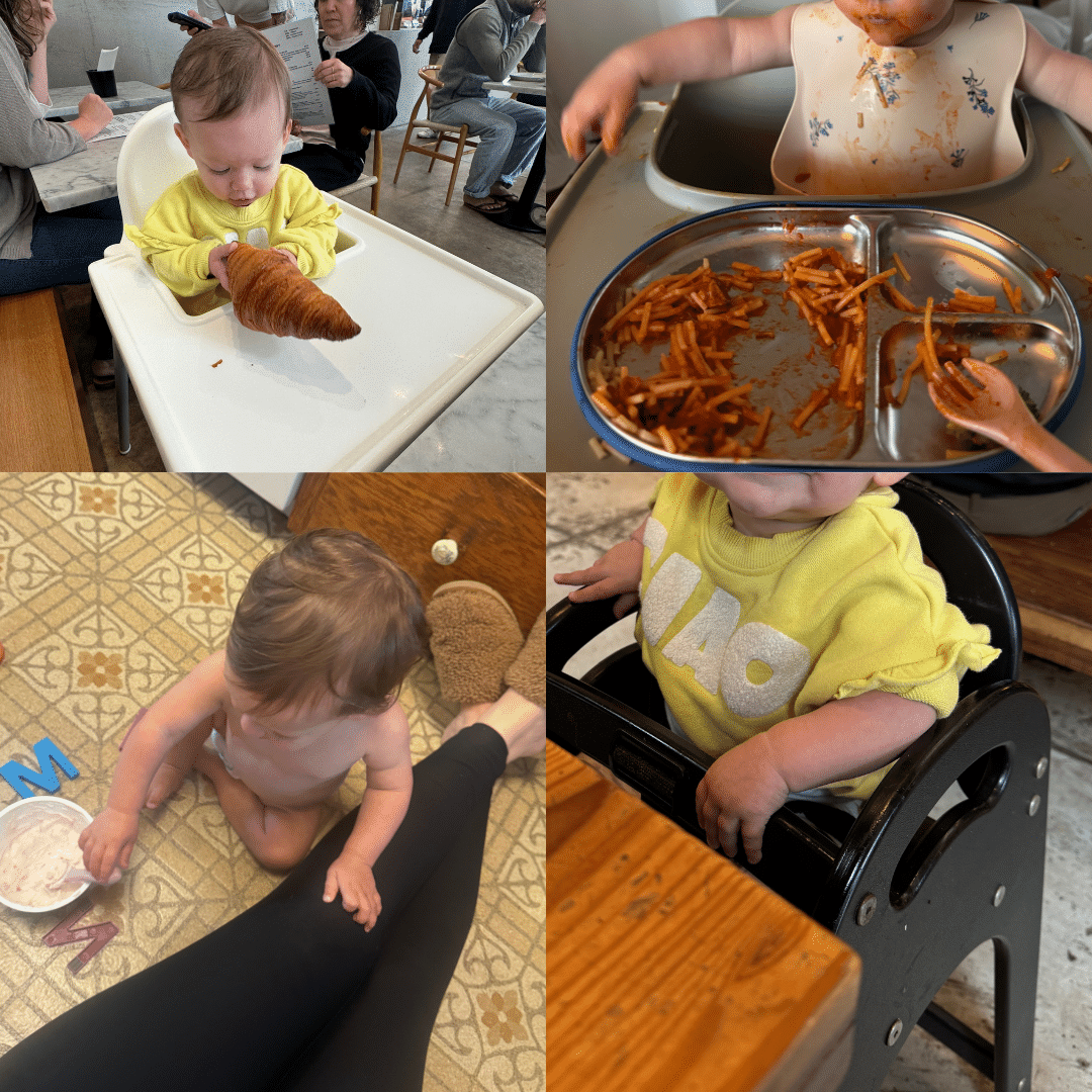 A baby eating various foods: holding a croissant, eating pasta, sitting on the floor with yogurt, and seated in a high chair wearing a yellow shirt.
