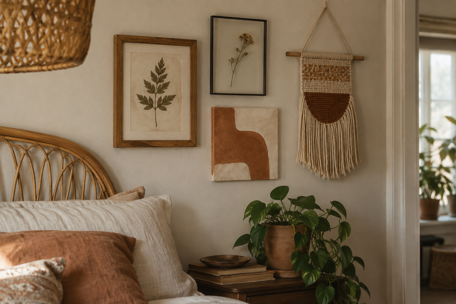 A cozy boho bedroom corner with a small gallery wall mixing a framed botanical print, pressed flowers, and a woven textile hanging