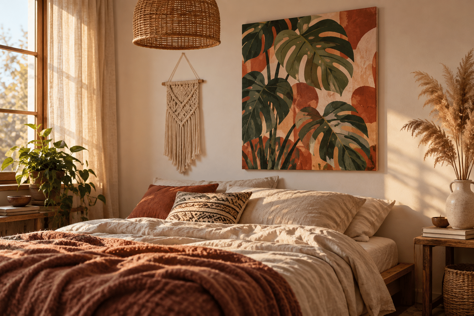 A finished custom paint by numbers canvas of a plant photo hanging above a boho-styled bed with woven textiles and dried botanicals