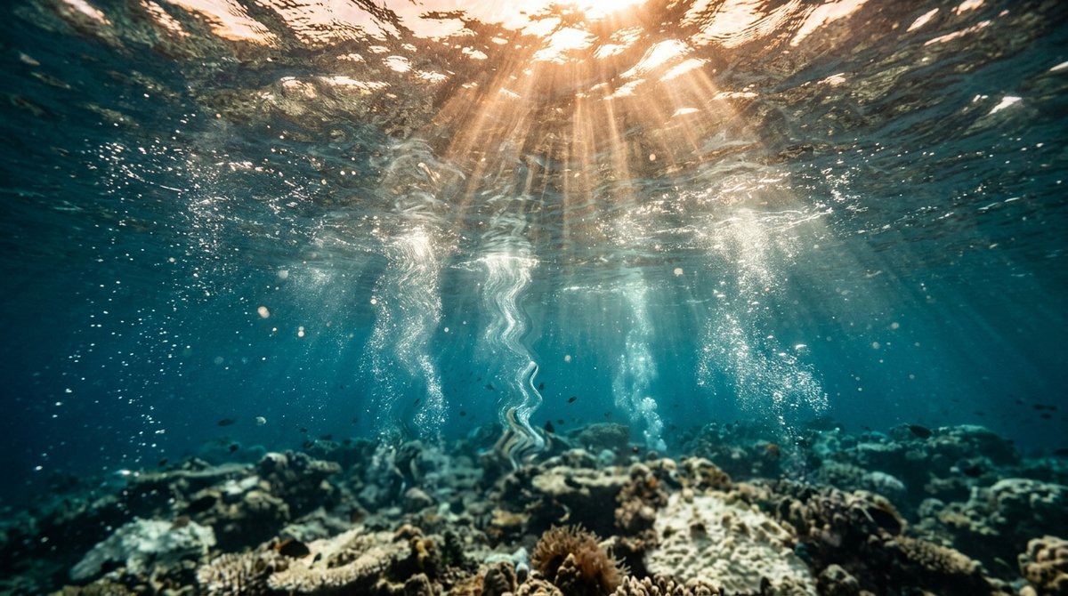 Underwater view of warm tropical Pacific ocean layers with bleached coral visible below, illustrating ocean heat absorption