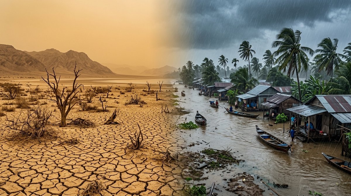 Dramatic contrast of El Niño-caused drought in South America on one side and flooding in Southeast Asia on the other