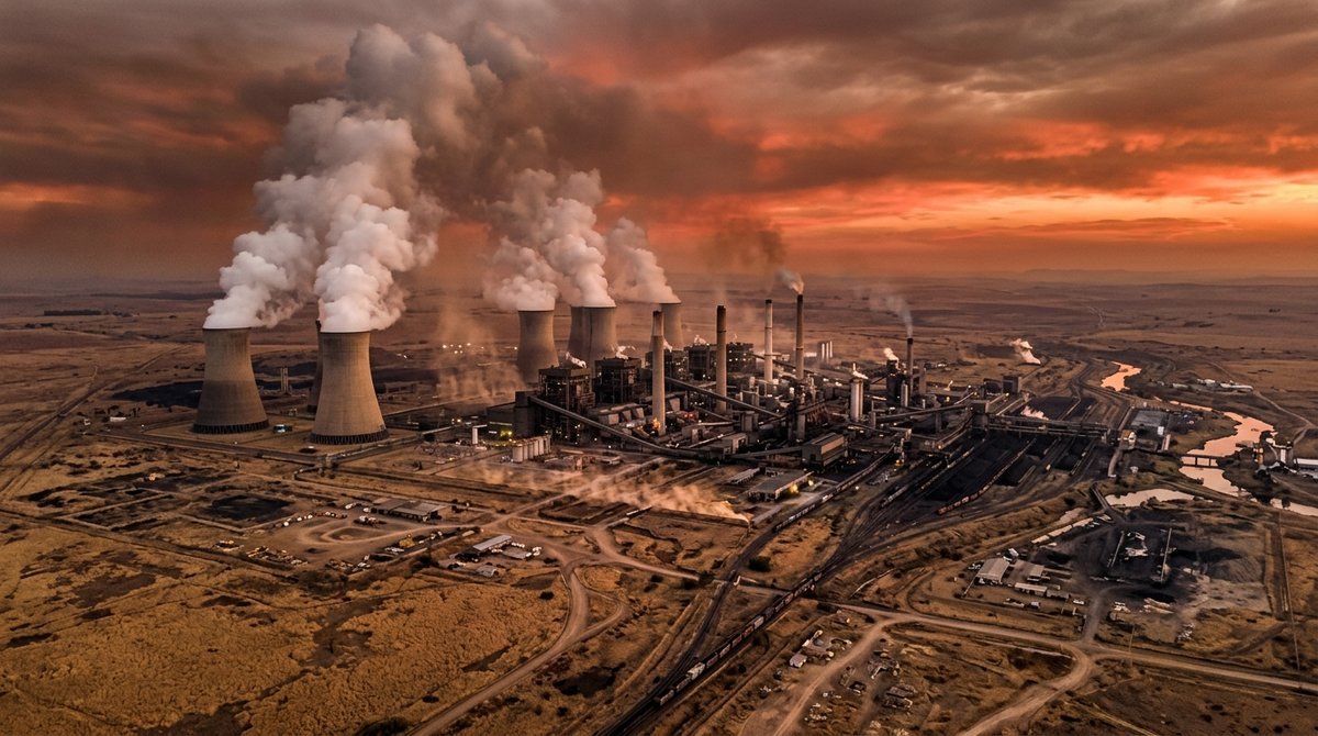 Industrial power plant emitting greenhouse gases under a haze-thickened sunset sky, illustrating climate change fueling El Ni