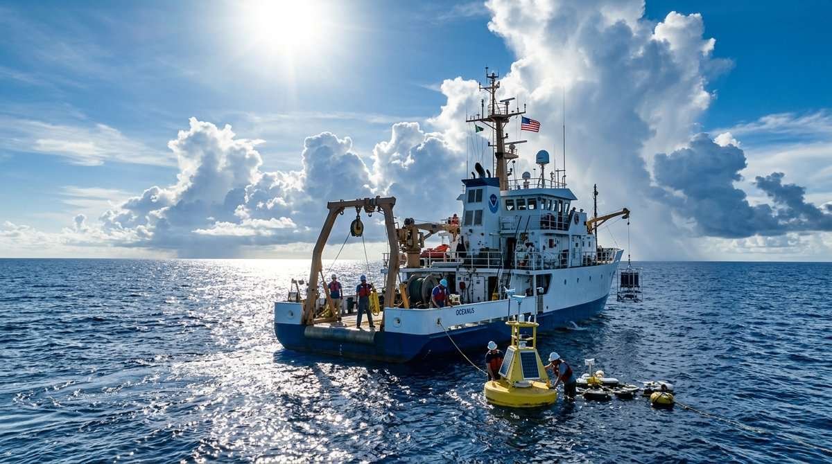 NOAA research vessel deploying ocean monitoring buoys on the tropical Pacific during an extreme El Niño event