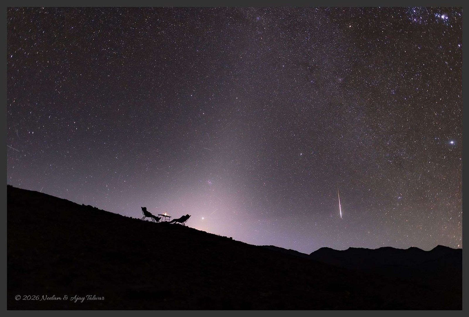 Two people are seated looking up at the night sky.
