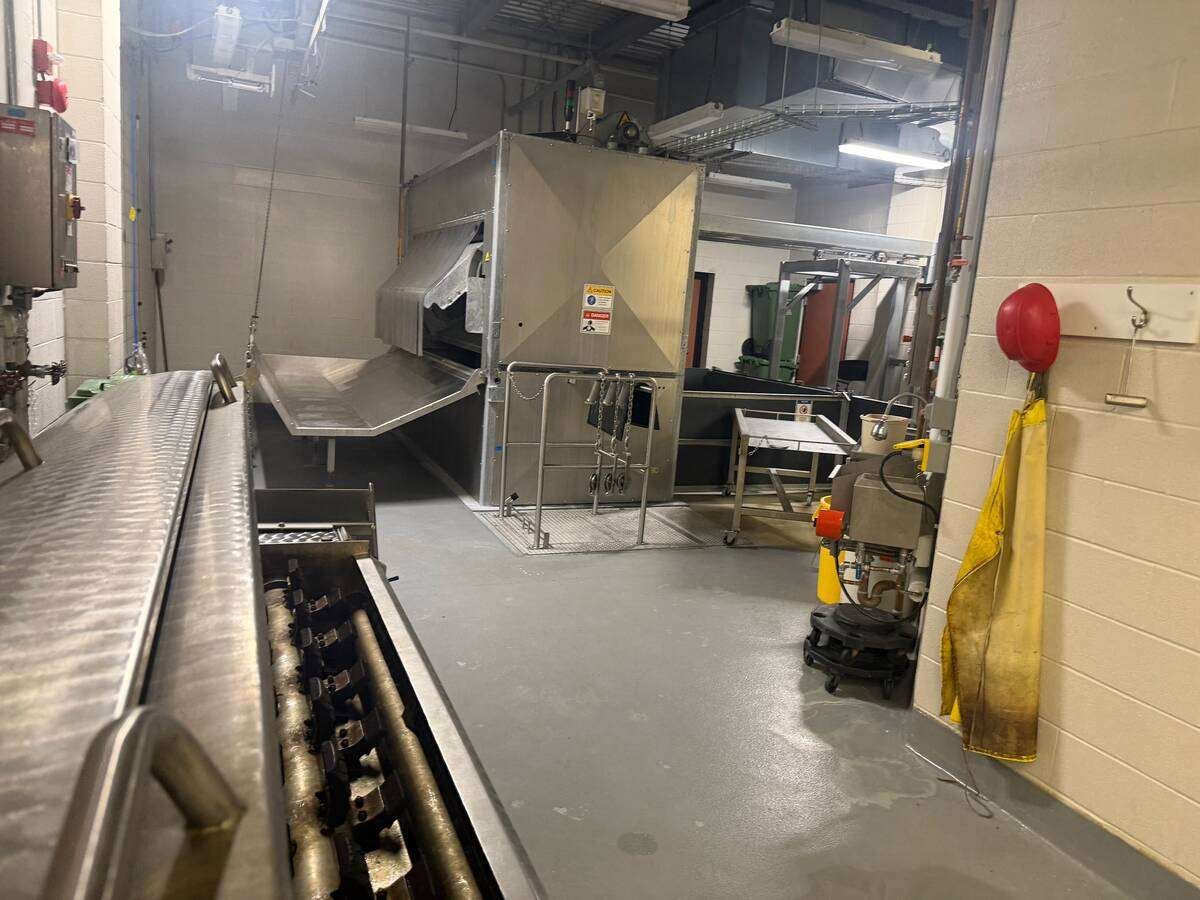 A stainless steel carbon dioxide stunning machine and dehider on the harvest floor of a meat processing lab. Photo: John Greig
