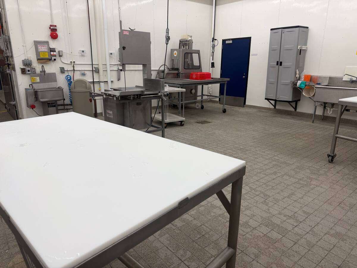 A processing room with a white-topped cutting table, a band saw and stainless steel equipment on casters. Photo: John Greig