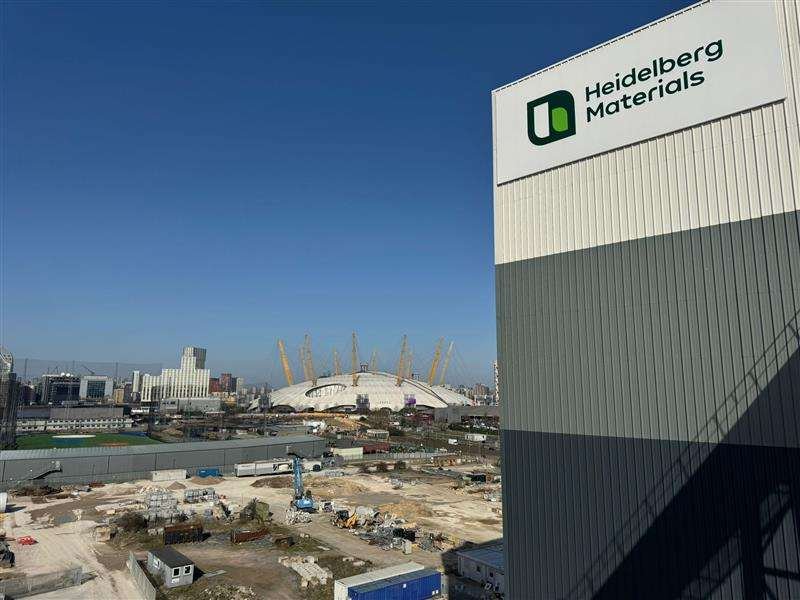 Heidelberg Materials’ Greenwich site overlooking the River Thames, with the O2 arena in the background