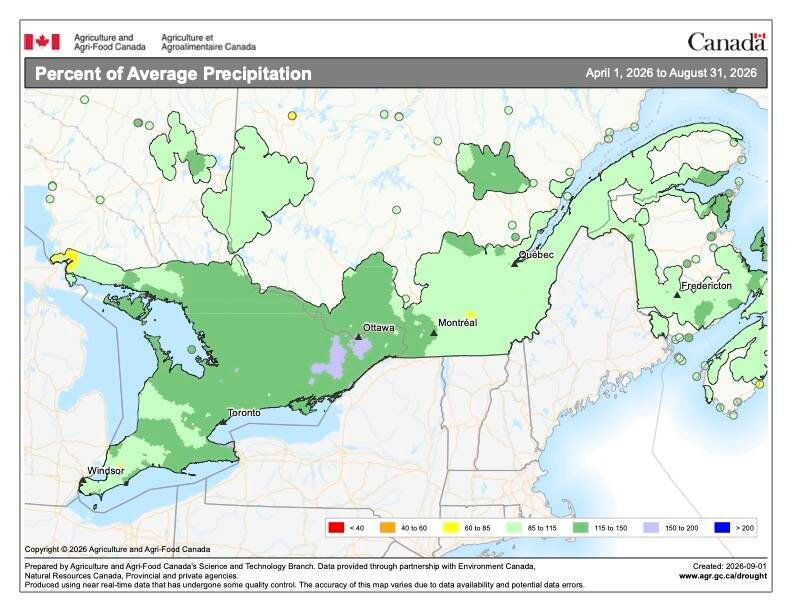 Percentage of average precipitation in central and Eastern Canada over the growing season to date, from April 1 through Aug. 31, 2026. Map: AAFC.