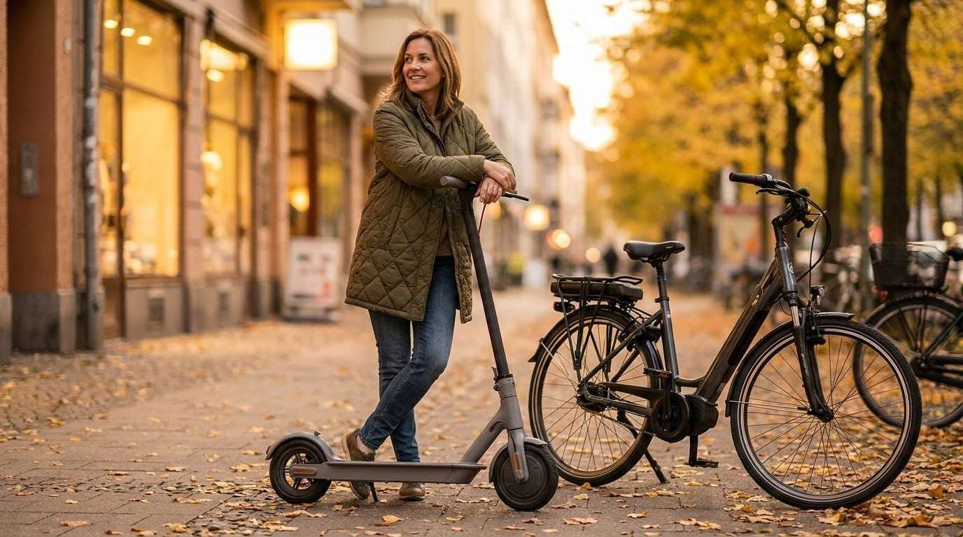 Prime Big Deal Days 2026: The eBike and Scooter Deals Worth Waiting For 22 Rider leaning on an electric scooter next to a step-through ebike on an autumn city sidewalk
