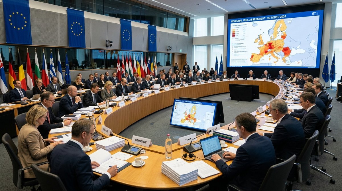 EU policy meeting with delegates around a conference table reviewing a climate risk map of Europe on a large screen