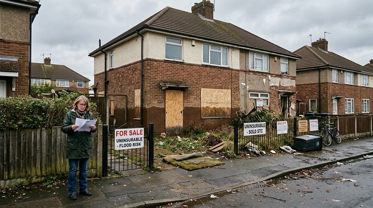 Flood-damaged European suburban homes with for-sale signs, illustrating insurance withdrawal from high climate-risk areas