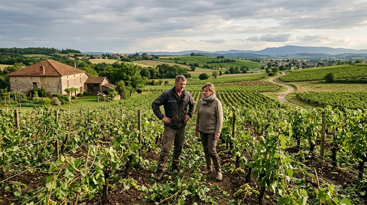 European farming couple surveying hail damage in their vineyard, representing small business climate risk and the need for fi