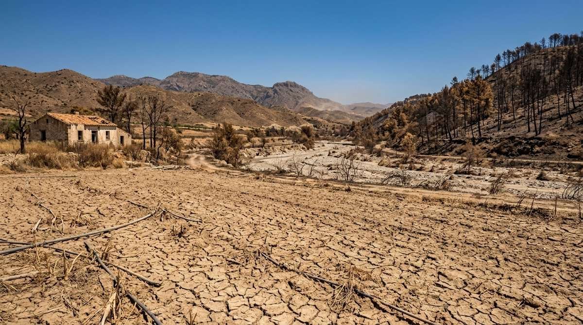 Cracked dry farmland and a scorched hillside in Southern Europe showing severe drought conditions during the 2024 summer heat