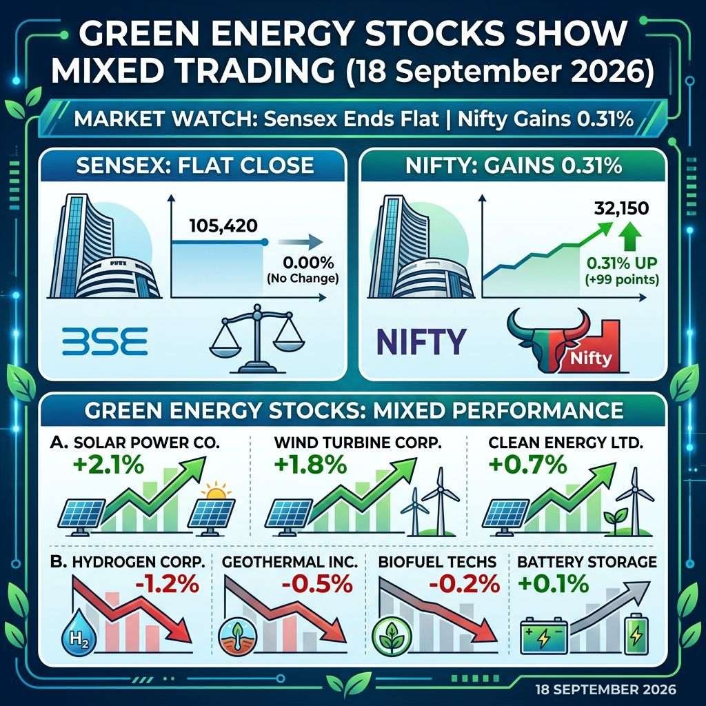 Green Energy Stocks Show Mixed Trading (18 September 2026); Market Watch: Sensex Ends Flat | Nifty Gains 0.31%; Sensex: Flat Close, 105,420, 0.00% (No Change); Nifty: Gains 0.31%, 32,150, 0.31% UP (+99 points); Green Energy Stocks: Mixed Performance; A. Solar Power Co. +2.1%; Wind Turbine Corp. +1.8%; Clean Energy Ltd. +0.7%; B. Hydrogen Corp. -1.2%; Geothermal Inc. -0.5%; Biofuel Techs -0.2%; Battery Storage +0.1%; 18 September 2026