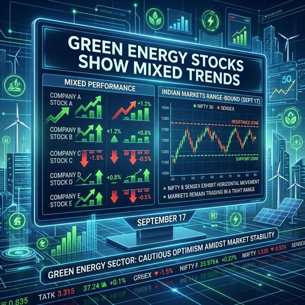 Green Energy Stocks Show Mixed Trends; mixed performance chart and Indian markets range-bound September 17