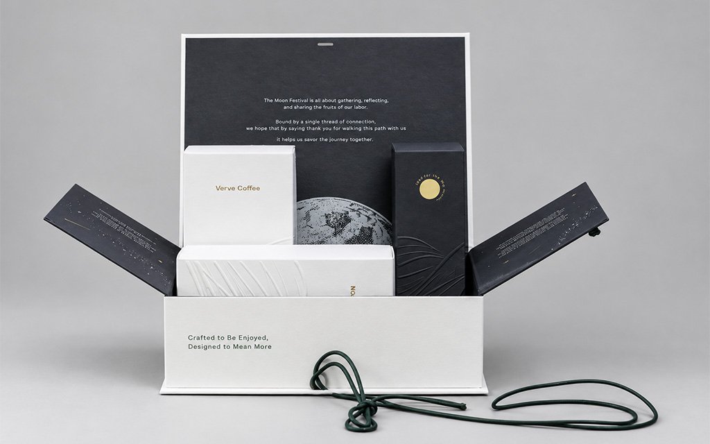 Fully opened Mid-Autumn Packaging Design box reusable as a desktop organizer with coffee and cookie packaging inserts.