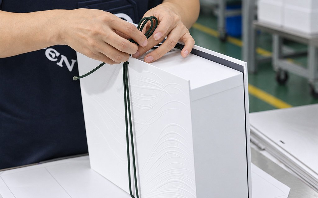 Artisan attaching a deep-green wax cord handle to a white embossed box for Mid-Autumn Packaging Design.