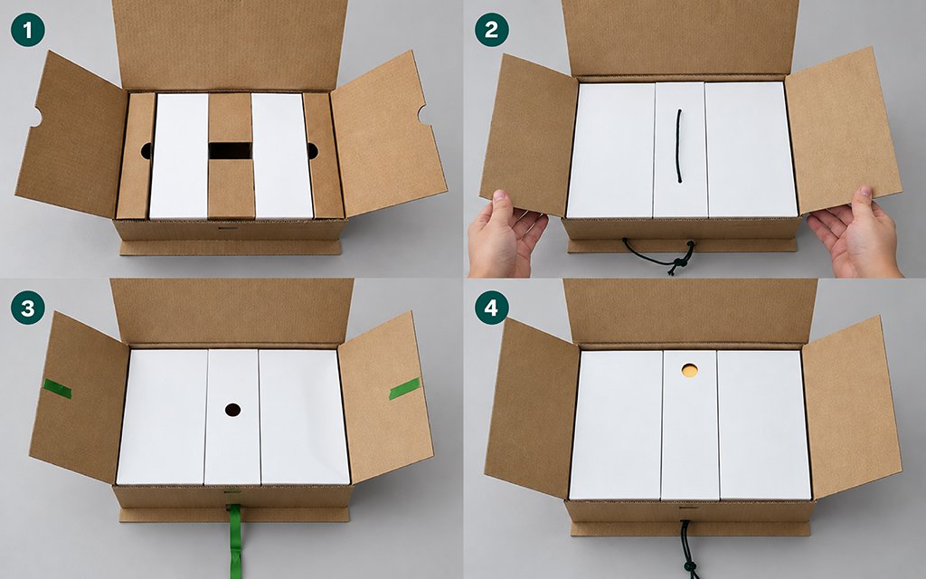 Four structural iterations of a Mid-Autumn Packaging Design showing prototype box evolution from step 1 to 4.