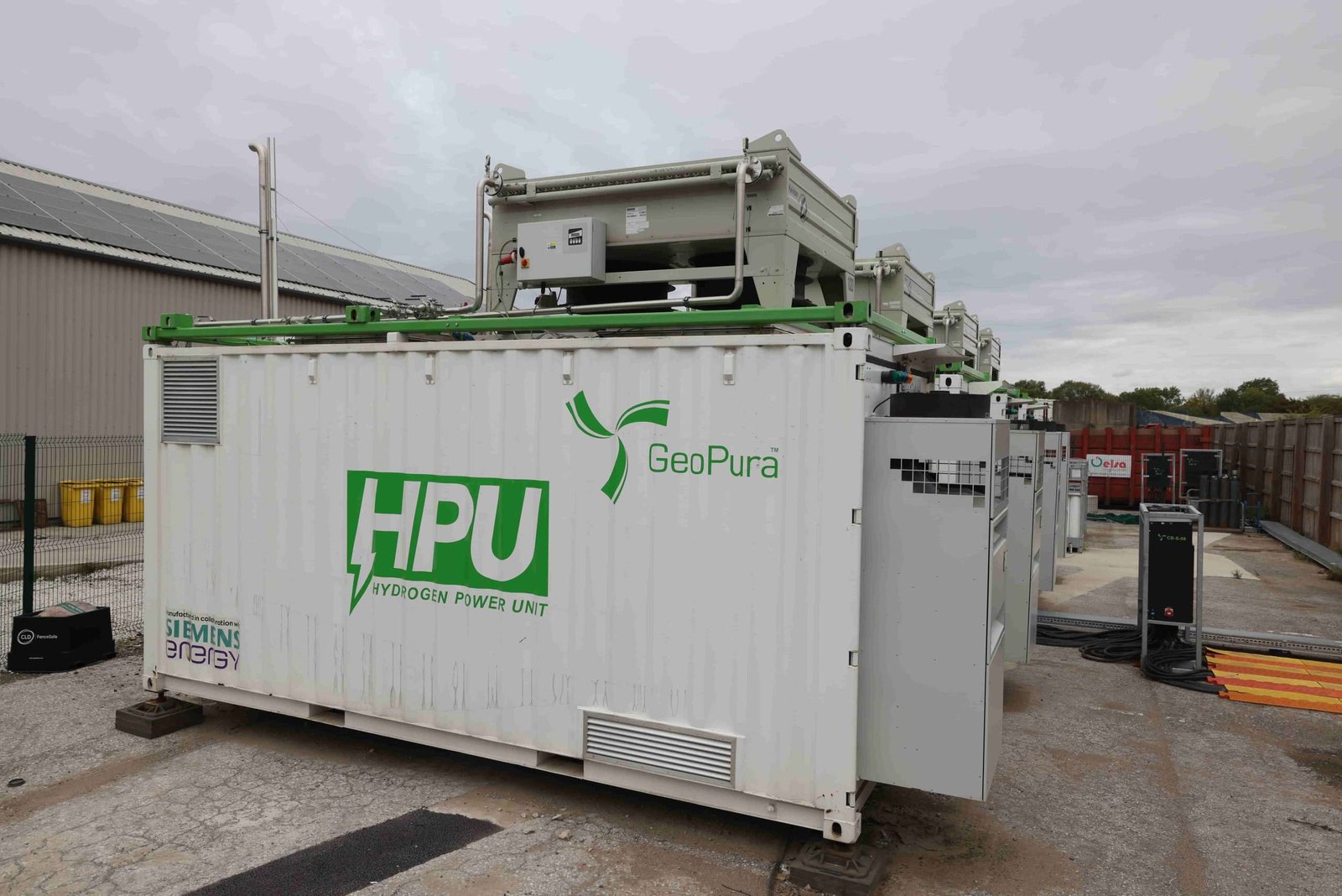 GeoPura Hydrogen Power Units installed beside solar panels at Elsa Recycling’s Stockport facility