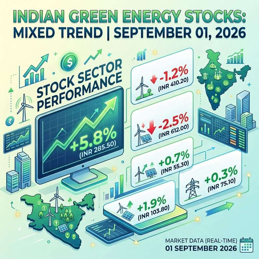 Indian green energy stocks: mixed trend, September 01, 2026; Adani Green leads gains +5.8% (INR 285.50); Tata Power -1.2% (INR 410.20); Sterling & Wilson -2.5% (INR 612.00); Suzlon Energy +0.7% (INR 55.30); Renew Power +0.3% (INR 75.10); NHPC Ltd +1.9% (INR 103.80); market data real-time, 01 September 2026.