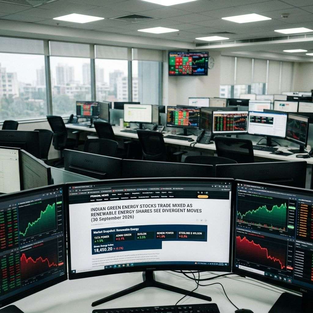 Trading room screens show Indian green energy stocks trading mixed on 30 September 2026