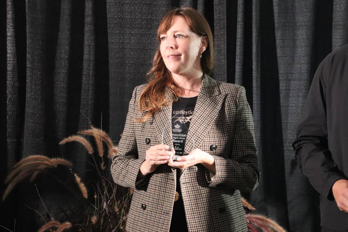 Shari van de Pol accepted awards for CATTLEytics Inc. in both the gold and silver categories at the Innovation Awards ahead of Canada’s Outdoor Farm Show 2026. Photo: Jonah Grignon