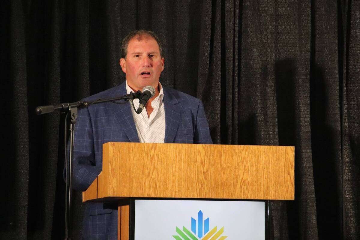 MPP Paul Vickers, Parliamentary Assistant to the Minister of Agriculture, Food and Agribusiness speaks at the Innovation Awards ahead of Canada's Outdoor Farm Show 2026. Photo by Jonah Grignon.