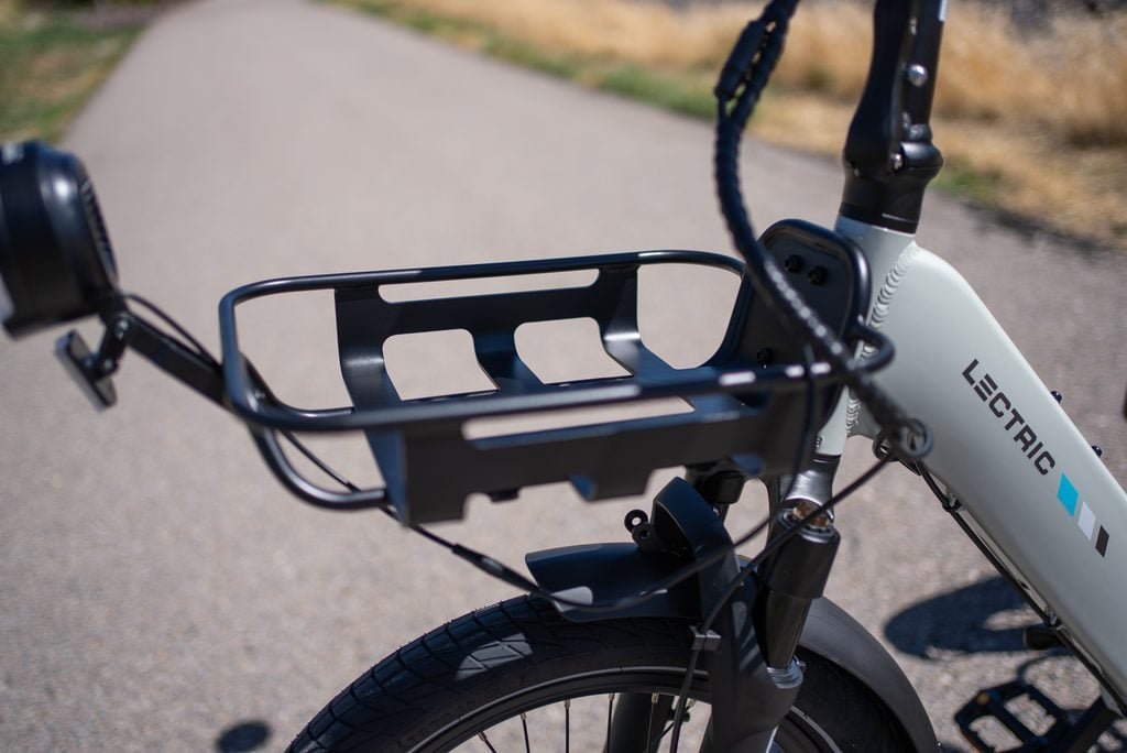 Lectric XP Trike 2 Review: A 750W Electric Trike Built for Stability 7 Front metal basket mounted on the Lectric XP Trike 2 with the headlight below it