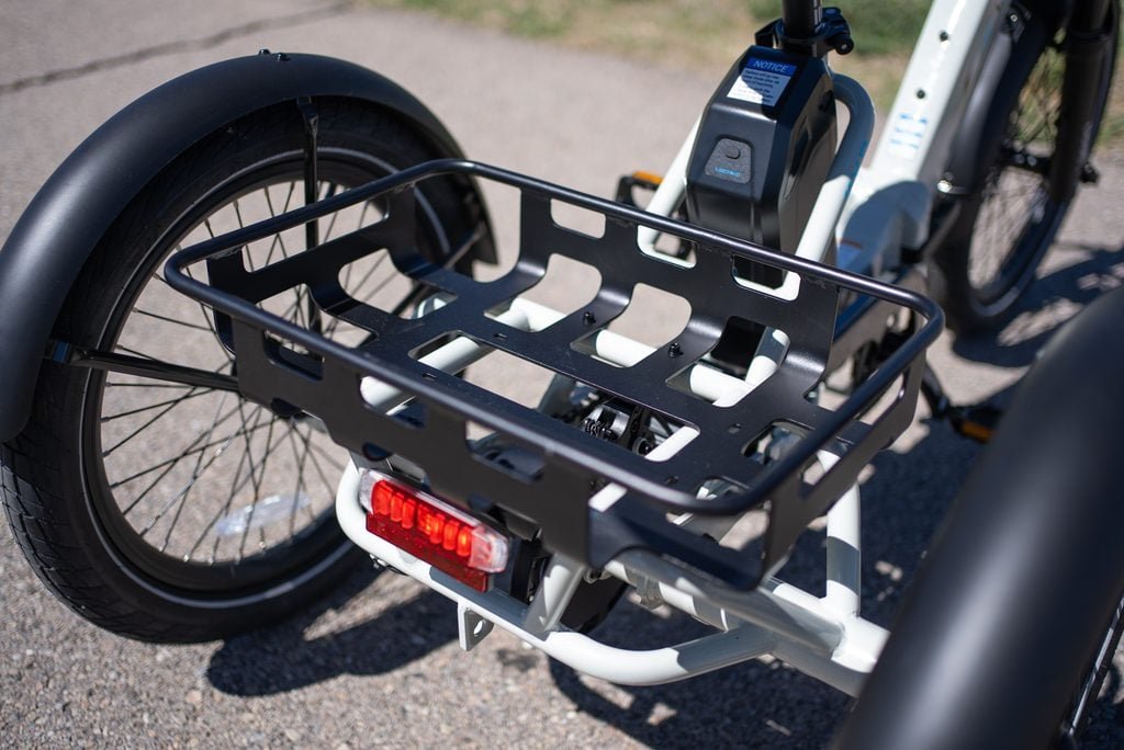Lectric XP Trike 2 Review: A 750W Electric Trike Built for Stability 9 Rear metal cargo basket over the differential axle on the Lectric XP Trike 2