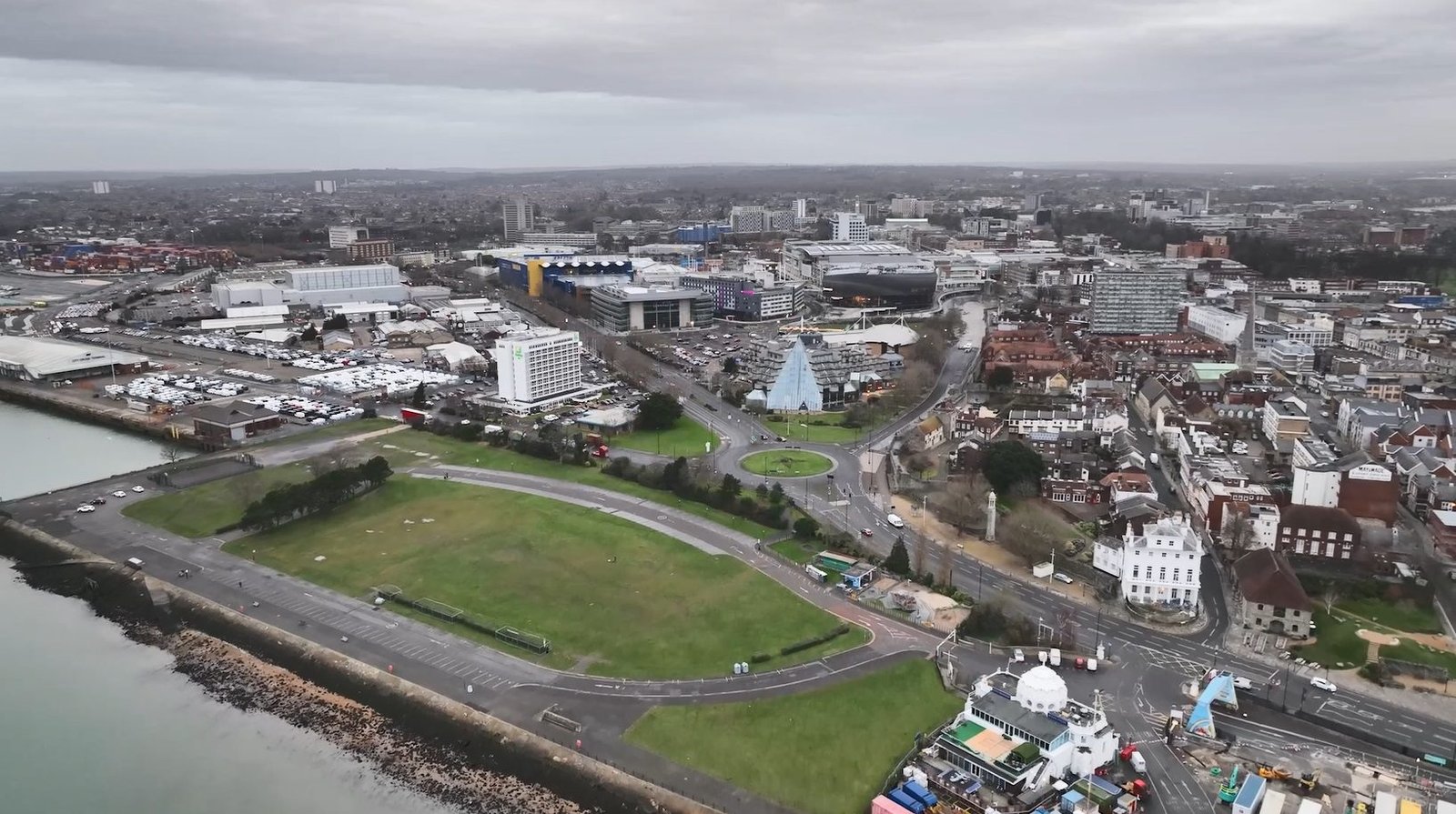 Aerial view of Mayflower Park and the waterfront in central Southampton