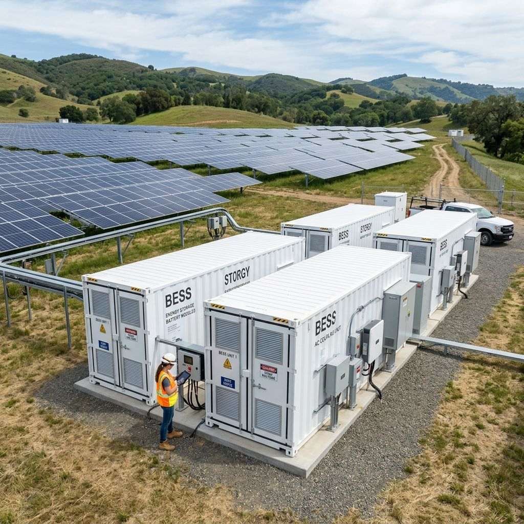 Battery storage containers beside solar panels in a hilly landscape