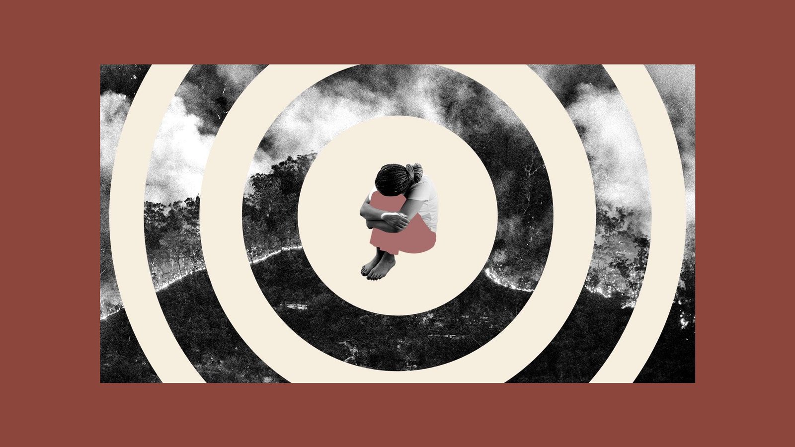 Collage of wildfire imagery closing in on an anxious person hugging their knees