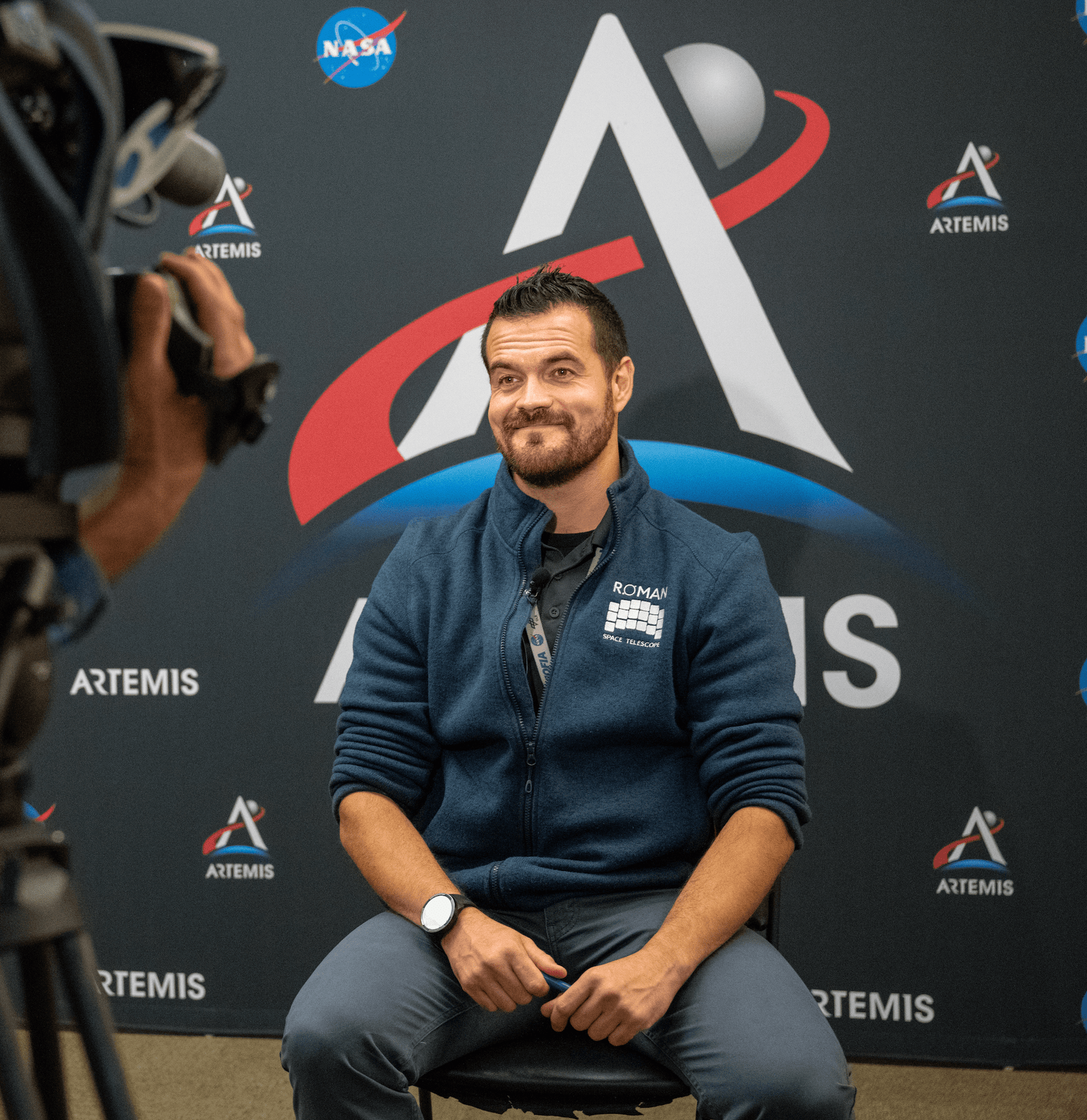 lejandro Serrano Borlaff speaks to media during the Artemis II splashdown event at Chabot Space & Science Center in Oakland, California.