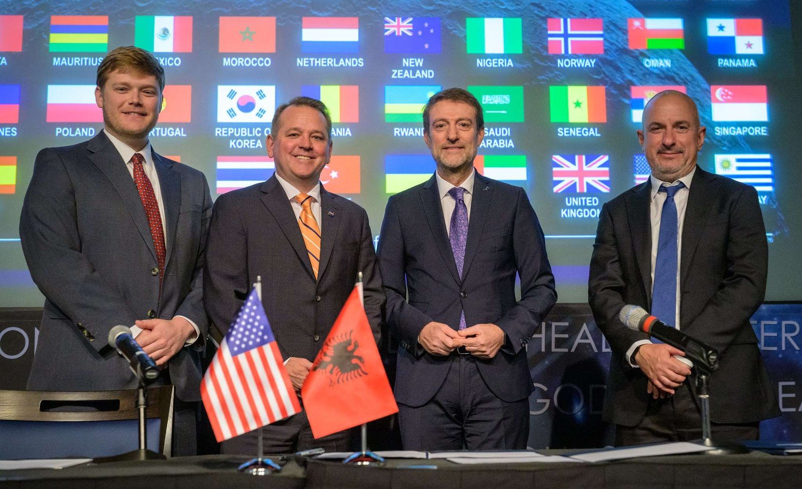 U.S. Deputy Assistant Secretary of State for Space and Environment Connor Tomlinson, left, NASA Deputy Administrator Matt Anderson, Albania’s Minister for Europe and Foreign Affairs Ferit Hoxha, and Ambassador of the Republic of Albania to the United States Ervin Bushati, right, are seen at the conclusion of an Artemis Accords signing ceremony Monday, September 21, 2026, at the Mary W. Jackson NASA Headquarters building in Washington. The Republic of Albania is the 73rd country to sign the Artemis Accords, which establish a practical set of principles to guide space exploration cooperation among nations participating in NASA’s Artemis program.