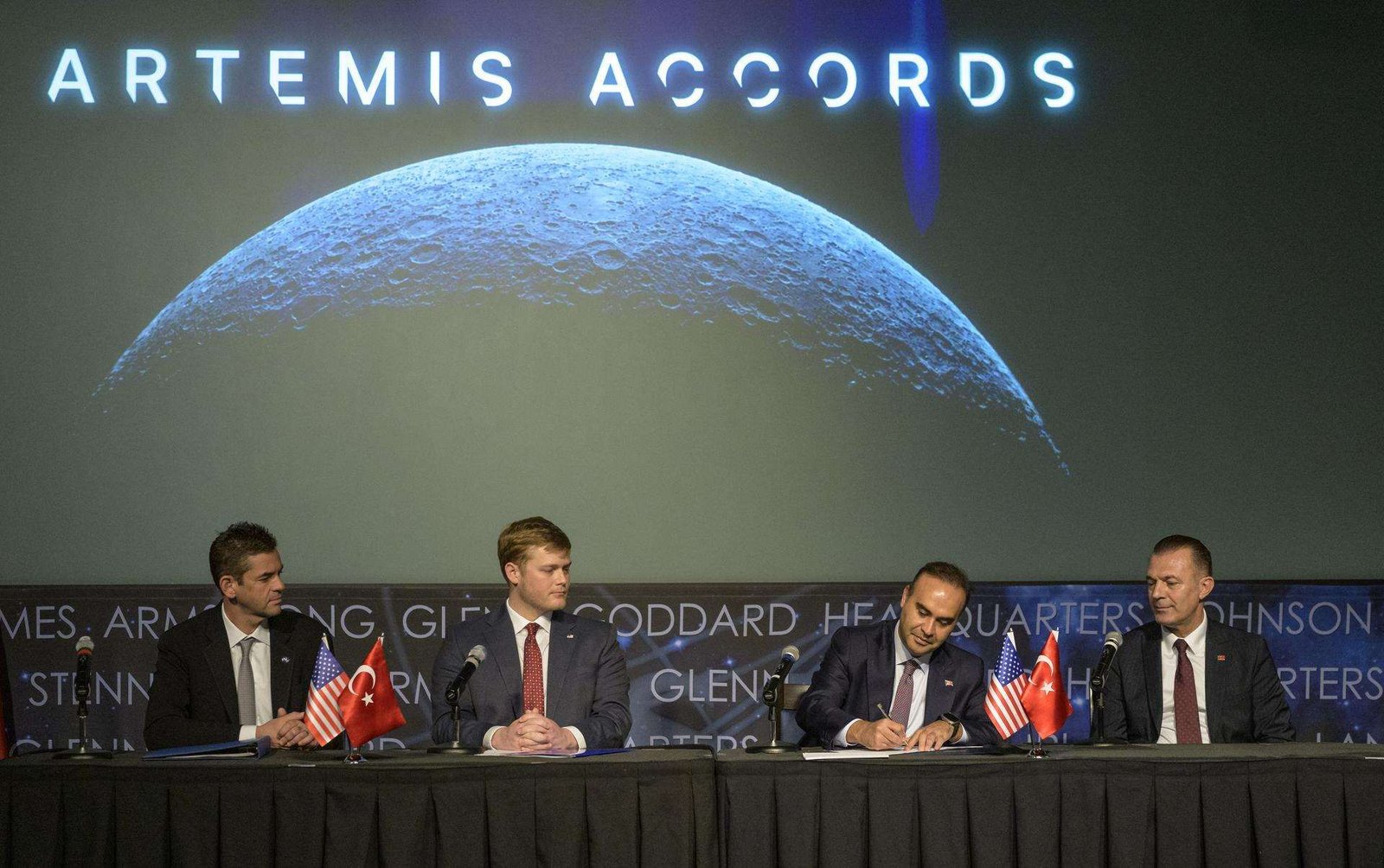 Turkish Minister of Industry and Technology, Mehmet Fatih Kacır, 3rd from left, signs the Artemis Accords for the Republic of Türkiye as NASA Administrator Jared Isaacman, left, U.S. Deputy Assistant Secretary of State for Space and Environment Connor Tomlinson, and Turkish Space Agency President, Yusuf Kıraç, right, look on, Monday, August 31, 2026, at the Mary W. Jackson NASA Headquarters building in Washington. Türkiye is the 71st country to sign the Artemis Accords, which establish a practical set of principles to guide space exploration cooperation among nations participating in NASA’s Artemis program.